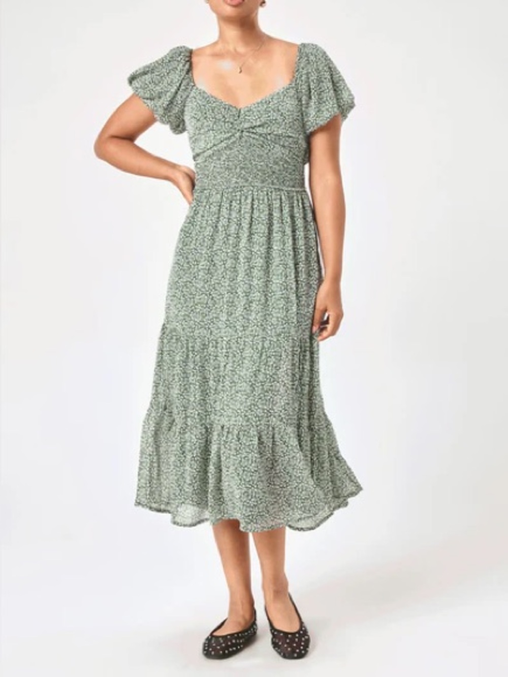 NWT Trixxi Sage Green Floral Midi Dress with Metallic Threads
